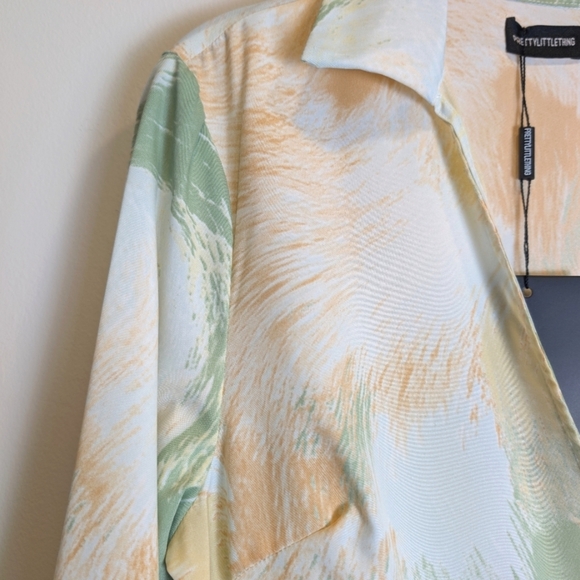 Green White Orange Print Vacation Resortwear Long Sleeve Wrap Romper Size Medium - Picture 4 of 10